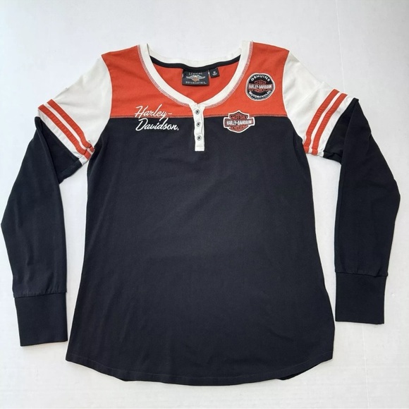 Harley-Davidson Tops - Harley Davidson Black and Orange Long Sleeve Shirt XL Henley